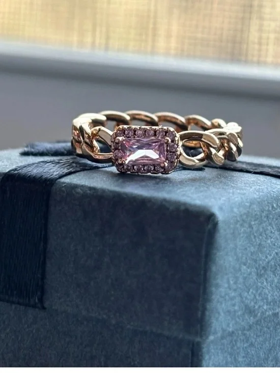Gold Plated Chain Link Ring Pink Emerald Cut CZ Halo Size 6 Statement Ring - Picture 9 of 9